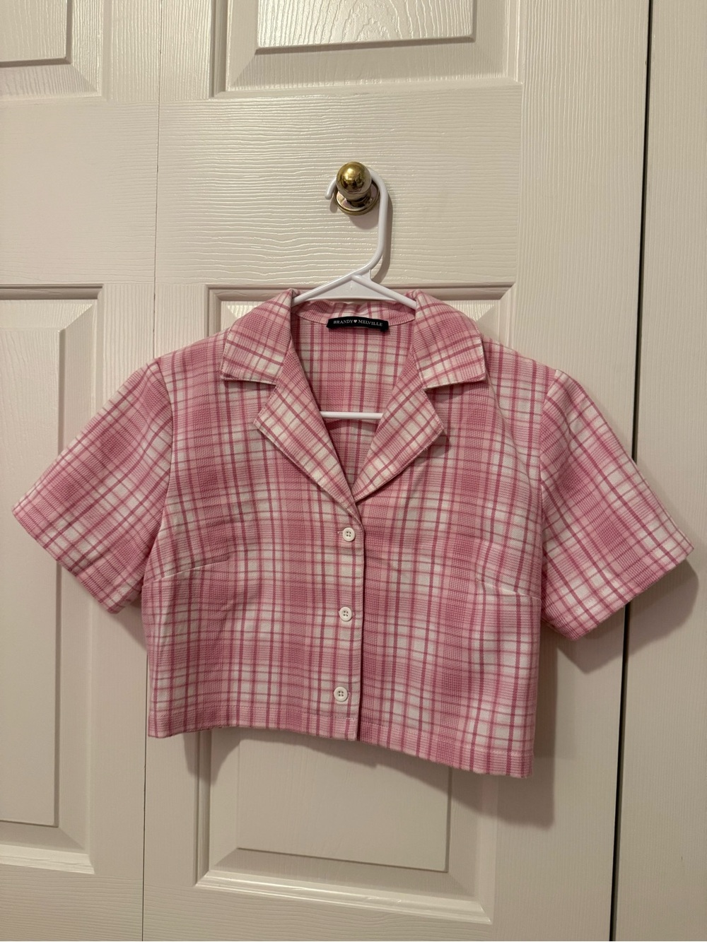 Brandy Melville Pink Plaid Cropped Button-Up